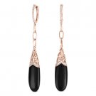 2.20ct Jet Black Onyx & Round Cut Diamond Dangling Drop Earrings 14k Rose Gold