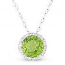 1.49 ct Round Cut Peridot Gemstone & Diamond Pendant 14k White Gold Necklace