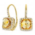 2.80ct Checkerboard Cushion Citrine Diamond Leverback Dangling 14k Gold Earrings