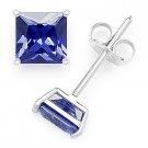 Faux Blue Sapphire Square Princess Cut CZ Crystal Sterling Silver Stud Earrings