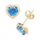 Heart-Shape CZ Crystal Halo Faux Blue Topaz Stud Earrings in 925 Sterling Silver Heart-Shape CZ Crystal Halo Faux Blue Topaz Stud Earrings in 925 Sterling Silver