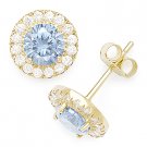 Blue Round Cut Cubic Zirconia Halo Faux Aquamarine Sterling Silver Stud Earrings