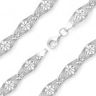 Italy .925 Sterling Silver Diamond-Cut Milgrain Flower Charm Link Chain Bracelet
