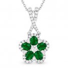 1.01 ct Emerald & Diamond 18k White Gold Flower Charm Pendant 14k Chain Necklace