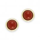 Red Coral Cabochon on Ribbed Halo Studs 14kt 14k Yellow White Gold Stud Earrings