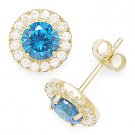 Swiss Blue Round Cubic Zirconia CZ Halo Faux Topaz Sterling Silver Stud Earrings