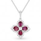 2.00 ct Red Ruby Diamond Pave Necklace 18k White Gold Flower Pendant & 14k Chain