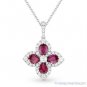 2.00 ct Red Ruby Diamond Pave Necklace 18k White Gold Flower Pendant & 14k Chain