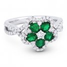 1.19ct Emerald Diamond Pave 18k White Gold Right-Hand Flower Charm Cocktail Ring