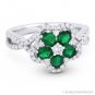 1.19ct Emerald Diamond Pave 18k White Gold Right-Hand Flower Charm Cocktail Ring