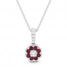 0.40ct Red Ruby & Diamond Flower Pendant in 18k White Gold w/ 14k Chain Necklace