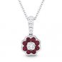0.40ct Red Ruby & Diamond Flower Pendant in 18k White Gold w/ 14k Chain Necklace