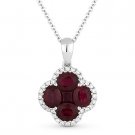 1.84ct Red Ruby & Diamond Flower Pendant in 18k White Gold w/ 14k Chain Necklace