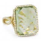 10.85 ct Cushion Cut Green Amethyst & Diamond Pave 14k Yellow Gold Cocktail Ring