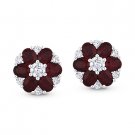 4.17 ct Oval Cut Red Ruby & Round Diamond Flower Stud Earrings in 18k White Gold