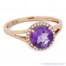 1.14 ct Round Cut Amethyst & Diamond Halo 14k Rose Gold Promise Engagement Ring