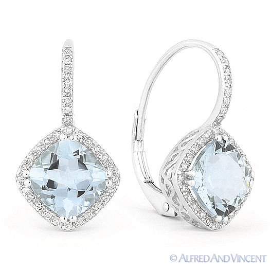 400ct Cushion Cut Blue Topaz Diamond Leverback Drop Earrings In 14k White Gold 0565