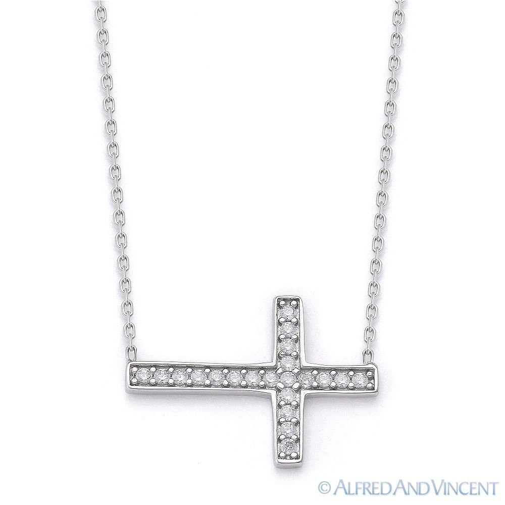 Sideways Cross CZ Crystal Pendant .925 Sterling Silver Christian Charm Necklace