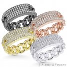 CZ Crystal Micro-Pave Bar & Cuban / Curb Link Chain Ring in .925 Sterling Silver