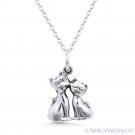 Cat Couple Love Charm .925 Sterling Silver Animal Pendant & Cable Chain Necklace