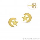 D-Cut Star & Crescent Moon Turkish Charm Stud Earrings in Matte 14k Yellow Gold