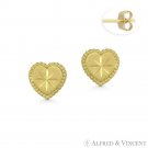D-Cut Pave & Ribbed Heart Stud 8x8mm Earrings Matte 14k Yellow Gold Charm Studs