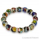 Venetian Millefiori Lampwork Abstract Glass Bead & CZ Beaded Stretch Bracelet