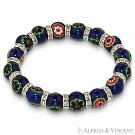 Venetian Millefiori Lampwork Glass Bead CZ Crystal Beaded Stretch Bracelet Blue