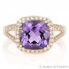 3.34ct Cushion Cut Amethyst Gemstone & Round Cut Diamond Ring in 14k Rose Gold