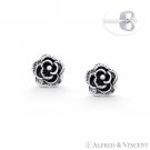 Rose Flower Charm 3D Stud Fashion Earrings in Oxidized Solid 925 Sterling Silver Rose Flower Charm 3D Stud Fashion Earrings in Oxidized Solid 925 Sterling Silver