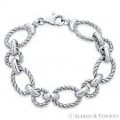 Twist Oval Circle & Cable Link Italy .925 Sterling Silver Rhodium Chain Bracelet