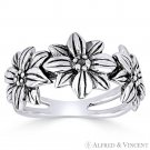 Triple-Flower Charm Splitshank Band Oxidized 925 Sterling Silver Right-Hand Ring