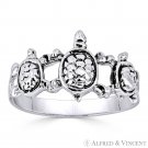 Triple Tortoise / Turtle Animal Charm Right-Hand Ring .925 Sterling Silver Band