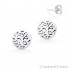 Tree w/ Filigree Vine & Leaf Charm Circle Stud Earrings in .925 Sterling Silver Tree w/ Filigree Vine & Leaf Charm Circle Stud Earrings in .925 Sterling Silver