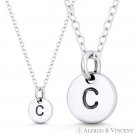 Initial Letter "C" 11mmx8mm Tiny Round Disc .925 Sterling Silver Charm / Pendant