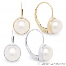 Cultured White Freshwater Pearl Solid 14k Gold Leverback Drop Dangling Earrings