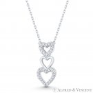 3-Heart Charm CZ Crystal Pave Solid 925 Sterling Silver Pendant & Chain Necklace