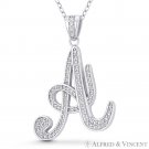 Initial Letter "A" Cursive Script CZ Crystal 925 Sterling Silver Rhodium Pendant