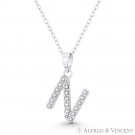 Initial Letter N Cubic Zirconia CZ Crystal Pendant .925 Sterling Silver Necklace