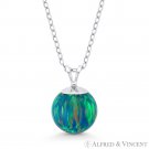 Fiery Peacock-Blue Opal Ball Solitaire 14k White Gold Pendant & Chain Necklace