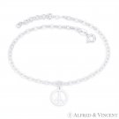 12mm Peace Sign Charm & 2.5mm Cable Link Italy .925 Sterling Silver Chain Anklet