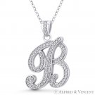 Initial Letter "B" Cursive Script CZ Crystal 925 Sterling Silver Rhodium Pendant