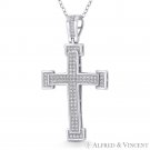 Large Cross Potent CZ Crystal 43x24mm Pendant in .925 Sterling Silver & Rhodium