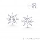 Helm Ship's Wheel Sailor's Nautical Charm Stud Earrings in .925 Sterling Silver