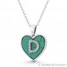 Initial Letter D CZ & Turquoise Heart Charm 925 Sterling Silver Necklace Pendant