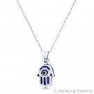 Tiny Hamsa Hand Navy Blue Evil Eye Bead Pendant in 925 Sterling Silver & Rhodium