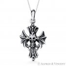 Skull & Batwing Biker's Cross .925 Sterling Silver Gothic Punk Necklace Pendant