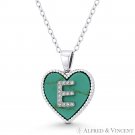 Initial Letter E CZ & Turquoise Heart Charm 925 Sterling Silver Necklace Pendant