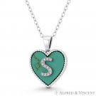 Initial Letter S CZ & Turquoise Heart Charm 925 Sterling Silver Necklace Pendant