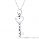 Heart Bow Skeleton Key Love Charm Oxidized .925 Sterling Silver Necklace Pendant